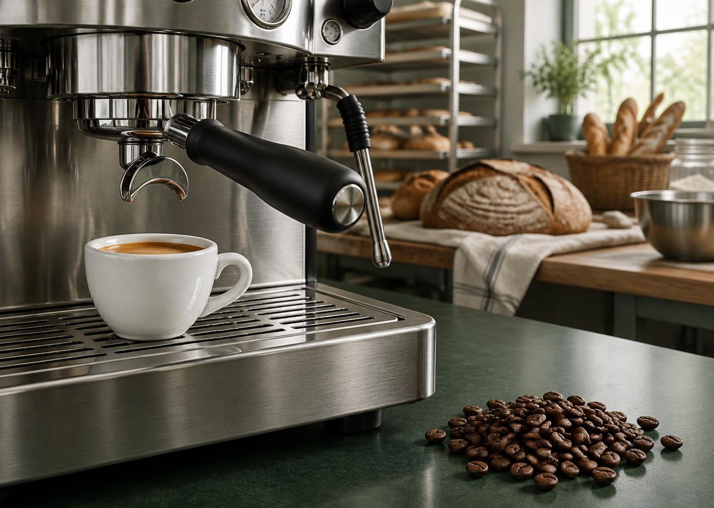 Máquina de espresso profesional, café de especialidad y pan artesanal